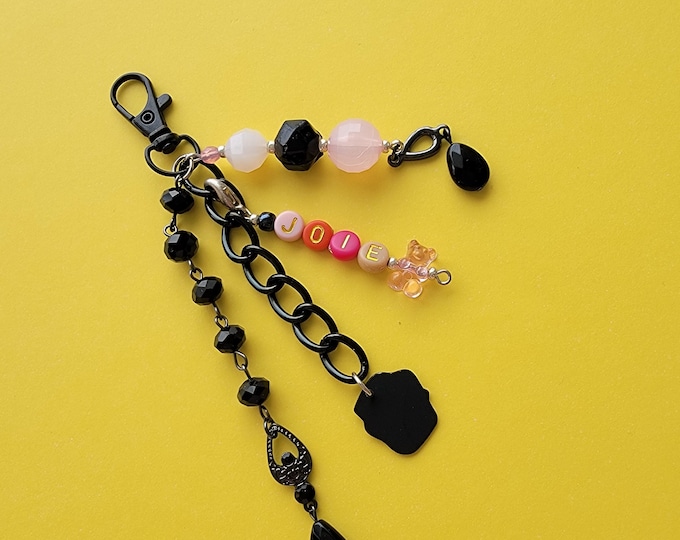 Bag charm key ring beads letters "Joie" pink & black fancy beads chain and carabiner handmade in France unique piece