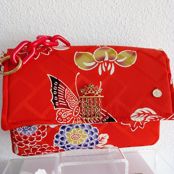 Sac à main ou pochette bandoulière en soie japonaise vintage et bijoux perles sac du soir cocktail sac femme sac créateur français luxe