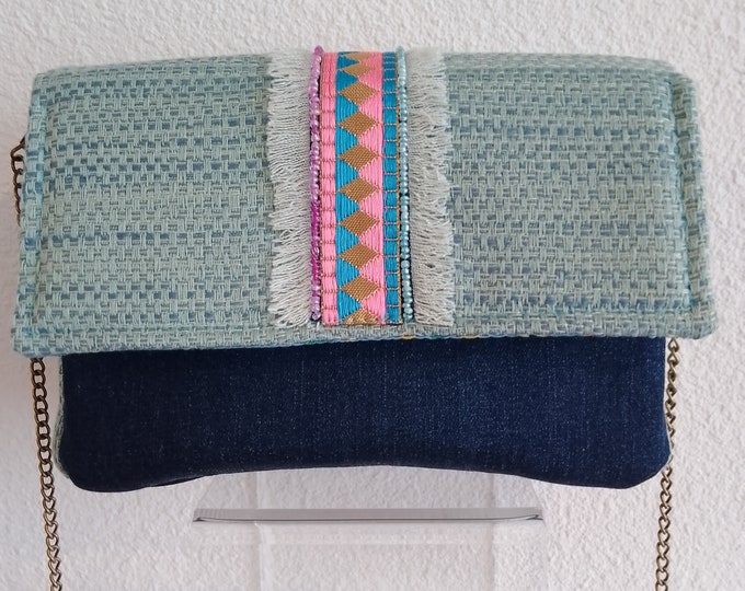 Mini designer fabric and denim canvas bag with pearl-embroidered braid, handmade in a unique piece, luxury French designer
