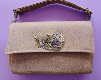 Handbag in high-end recycled fabric with purple and green paisley patterns, handmade in a unique piece, artisanal and original creation in France