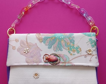 Handbag in brocade fabric purple fabric beads and fancy jewelry trendy chain women's bag handmade unique piece French designer luxury