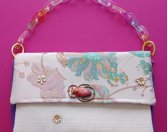 Handbag in brocade fabric purple fabric beads and fancy jewelry trendy chain women's bag handmade unique piece French designer luxury
