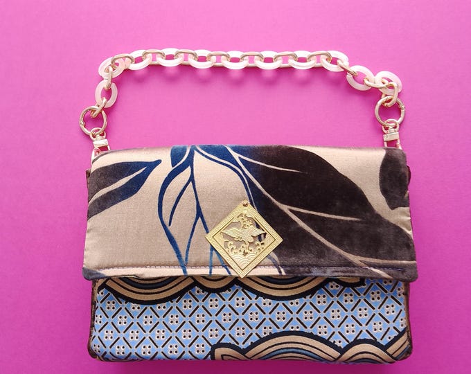 Handbag in wax fabric and velvet and costume jewelry ivory and gold acrylic chain handmade unique piece artisanal creation France
