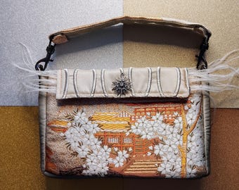 Vintage Japanese obi silk bag and embroidered silk wedding ceremony haute couture style unique piece handmade French artisanal creation