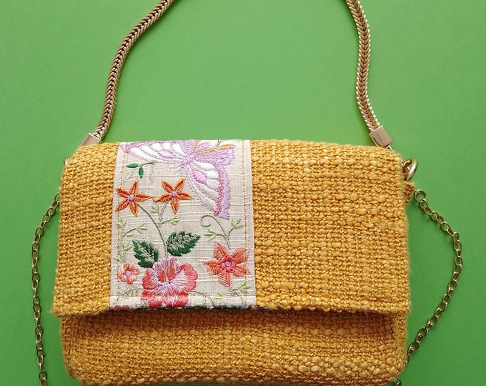 Mini bag in high-end designer fabric and vintage Indian braid, handmade in a unique piece by a luxury French designer