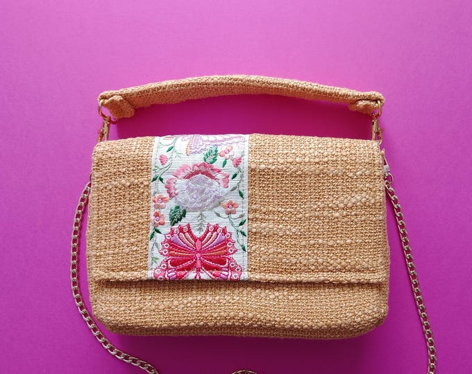High-end designer tweed bag with vintage Indian braid, handmade in a unique piece, French creation