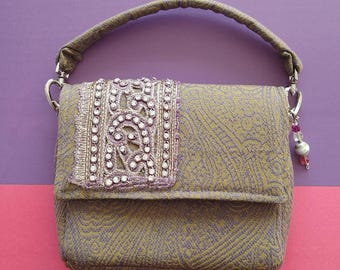 Mini bag made of high-end recycled fabric and vintage Indian braid embroidered by hand in a unique piece, handmade and original creation in France