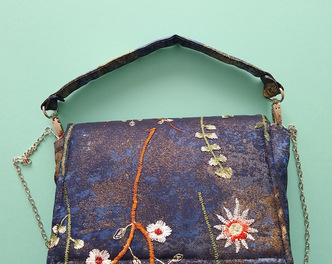 Precious brocade and embroidered tulle handbag for evening or ceremony, handmade in a unique piece, luxury French designer