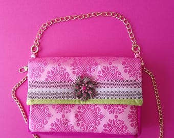 High-end silk bag, rare jewel, fancy brooch, haute couture style, handmade, unique piece, French luxury designer