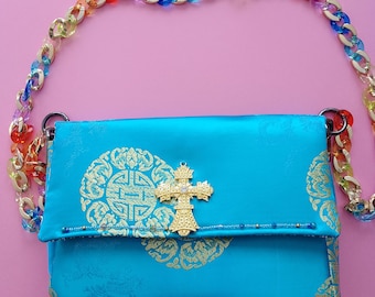 Handmade satin fabric evening bag, one-of-a-kind piece, handcrafted in France