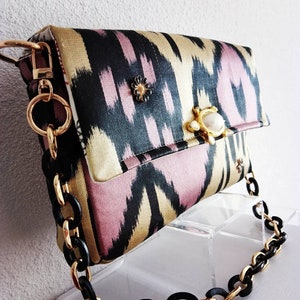 Precious and rare Uzbekistan Ikat silk bag, chic, ceremony, haute couture style, handmade, unique piece, French luxury creation