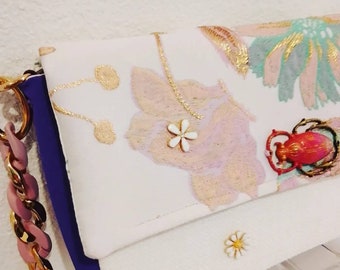 Handmade brocade fabric handbag, a unique piece from a luxury French designer