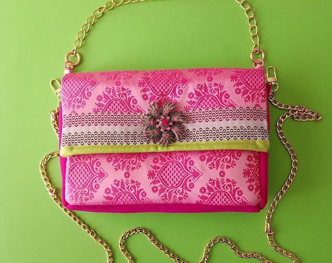 High-end silk bag, rare jewel, fancy brooch, haute couture style, handmade, unique piece, French luxury designer