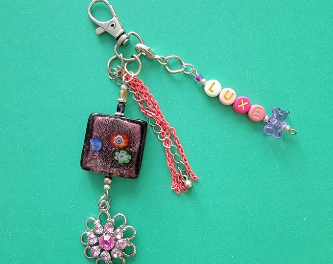 Bag charm, grigri bag charm made from recycled fancy beads and letter bead jewel, teddy bear bead, Murano bead, handmade, unique piece in France