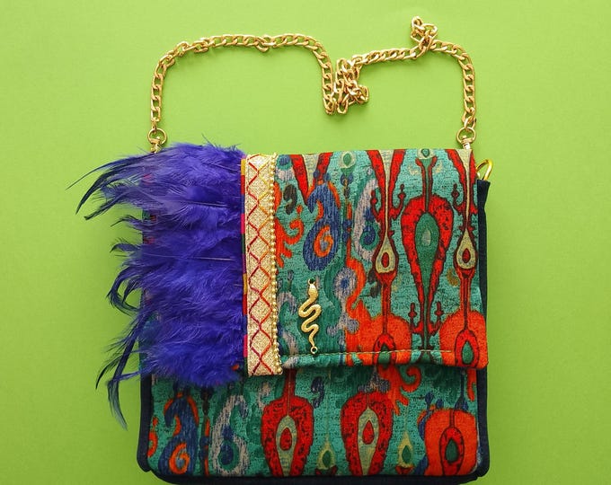 Mini bag in Indian silk and denim with feathers, unique piece, designer France
