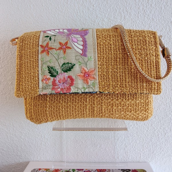 Mini sac à main ou bandoulière en tissu de créateur haut de gamme et galon indien vintage