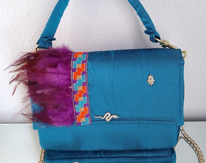 Turquoise shantung silk and feather bag for evening ceremony haute couture style handmade unique piece rare French artisanal creation
