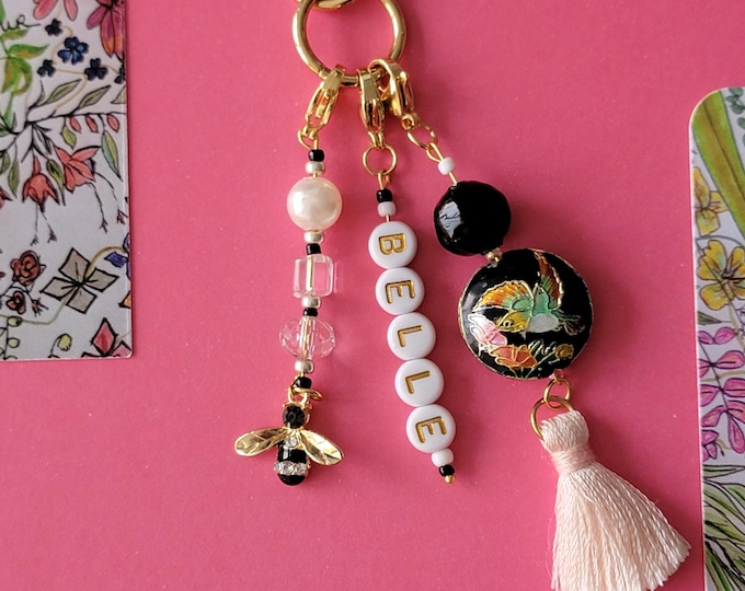 Precious bag charm, lucky charm, gift bag accessory, gold carabiner, fancy beads and tassel, handmade, unique piece in France