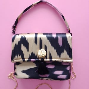 Mini bag in rare Uzbekistan Ikat silk fabric for evening ceremony, unique handmade piece, luxury French artisanal creation