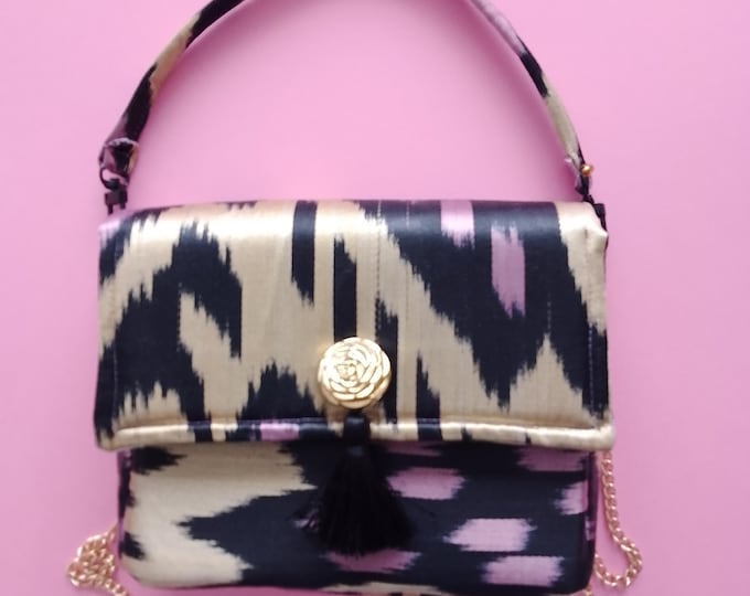 Mini bag in rare Uzbekistan Ikat silk fabric for evening ceremony, unique handmade piece, luxury French artisanal creation