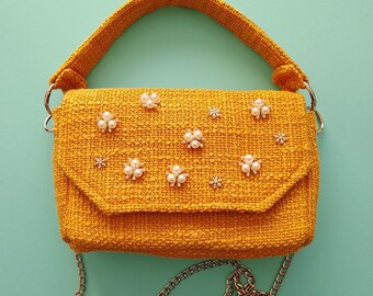 High-end designer recycled tweed fabric bag and handmade costume jewelry in a unique piece, handcrafted and original creation in France