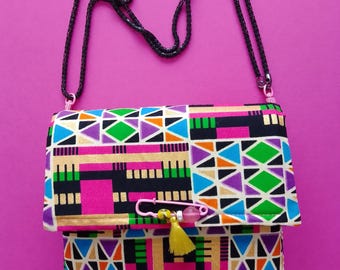 Handmade mini multicolored wax print bag, a unique, handcrafted, and original creation from France.