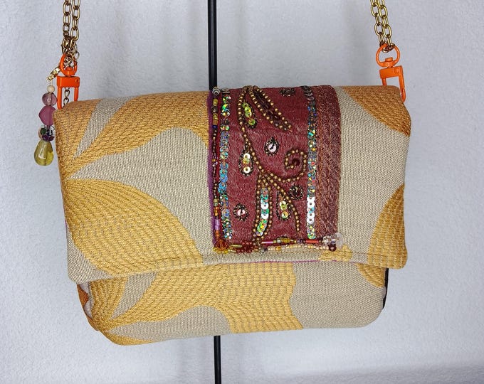 Mini bag in high-end fabric and vintage Indian silk braid embroidered with pearls, unique handmade piece, French designer