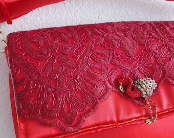 Orange satin fabric handbag with red lace, a unique piece, French creation