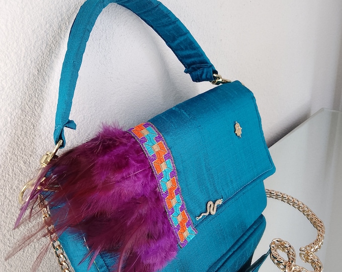 Turquoise shantung silk bag, couture style, rare unique piece, French handcrafted creation
