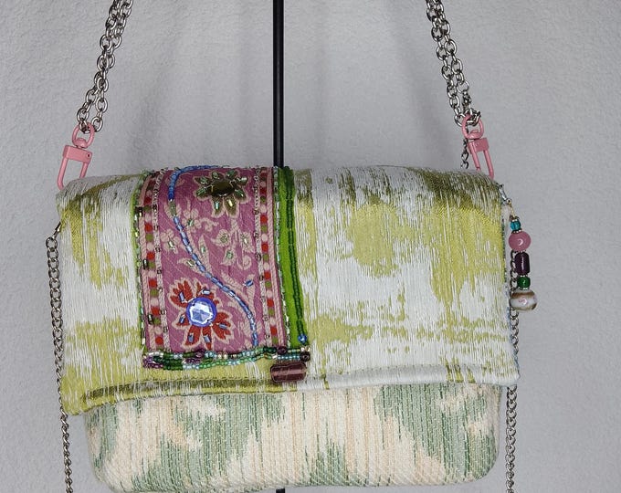 High-end designer fabric mini bag with vintage Indian braid embroidered with handmade pearl bag jewel, unique piece, luxury French creation
