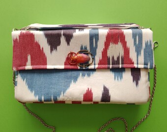Uzbekistan Ikat bag and wax cotton and handmade costume jewelry in a unique piece, rare artisanal and original creation France