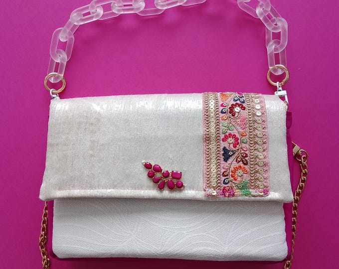 Chic and original fancy fabric bag for evening ceremony, unique and rare handmade piece, haute couture style, French artisanal creation