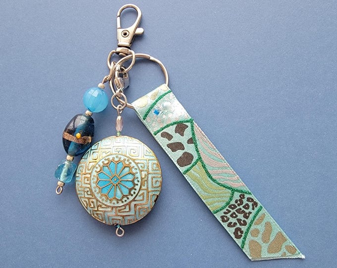 Bag charm key ring carabiner metal silver pearl cloisonné fancy pearls and precious ribbon handmade in France unique piece