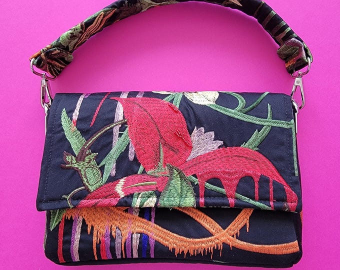 Party or evening or ceremony bag in high-end embroidered fabric, recycled designer and beads, lined with wax, handmade in a unique piece in France