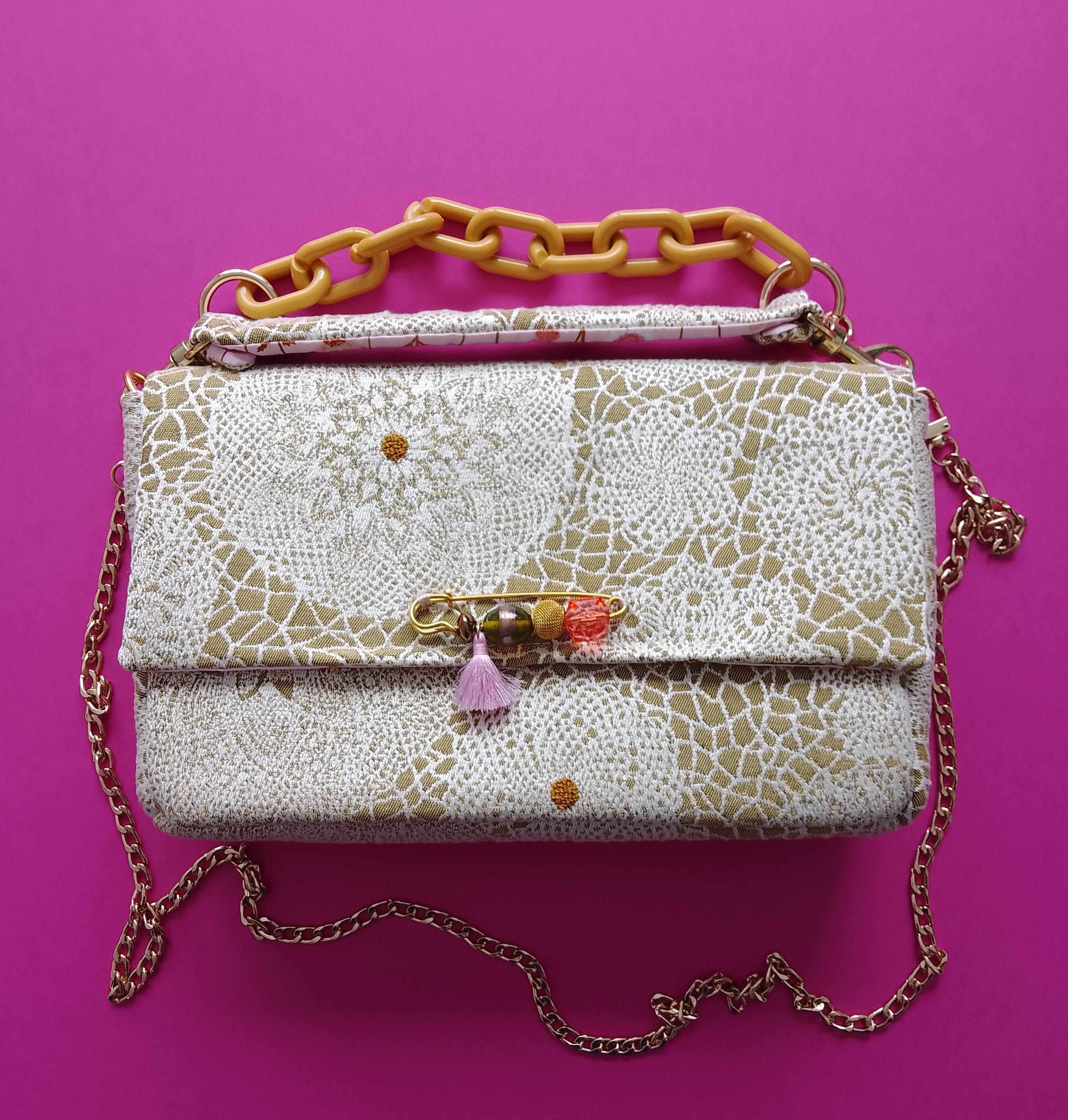 High end designer fabric bag haute couture and fancy pin jewel haute couture style handmade unique piece French designer luxury