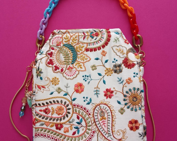 Indian fabric bag embroidered with pearls and charms, couture style, party ceremony, handmade, unique piece, handcrafted in France