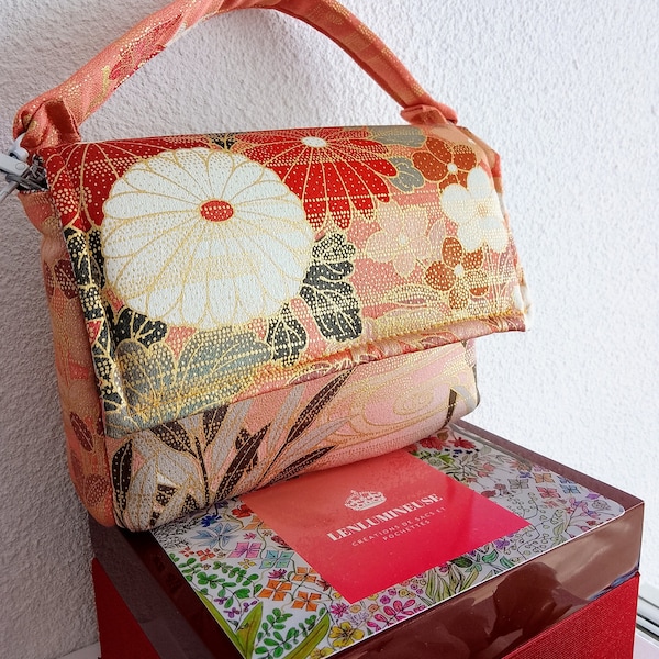 Mini sac à main ou bandoulière en tissu de soie japonaise vintage et bijou fantaisie perles