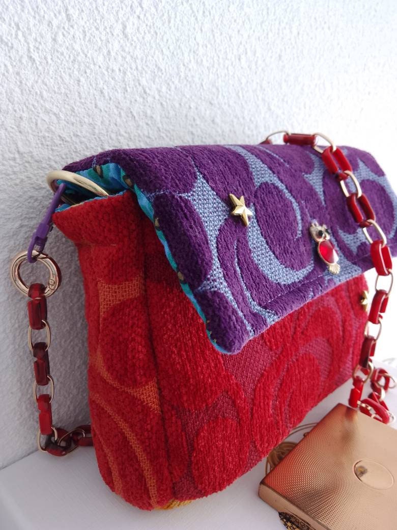 Mini shoulder bag in high-end textured velvet, multi-colored, trendy chain  jewelry