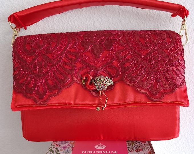 Orange satin fabric and red lace handbag, handmade costume jewelry, evening wedding ceremony, unique piece, French creation