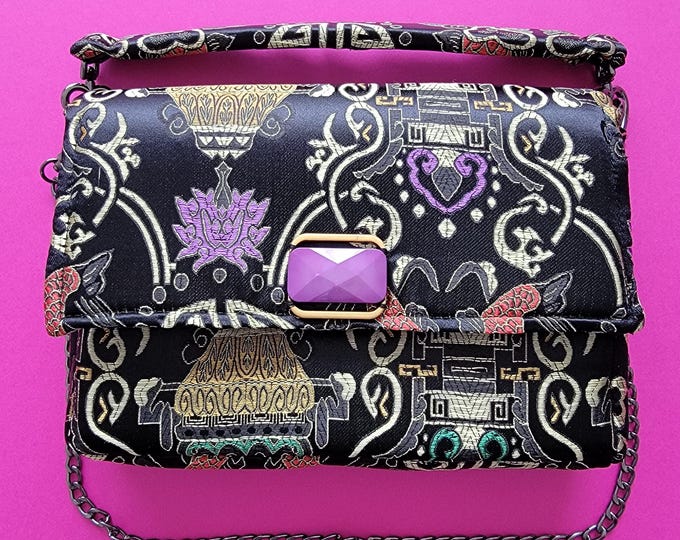 Satin fabric handbag with Asian flair, a unique piece, original French design.
