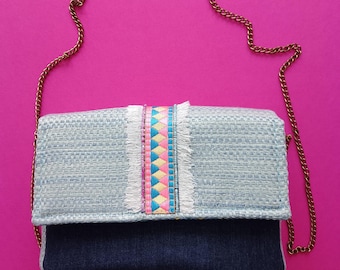 Mini designer fabric and denim canvas bag, handmade, one-of-a-kind piece by a luxury French designer