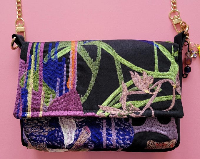 Party bag, evening bag, or formal bag made from high-end embroidered fabric, designer recycled mini bag & bag charm, handmade, unique piece in France