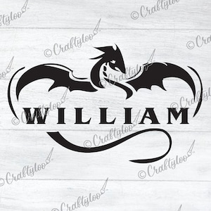 以下が含まれることがあります： 翼を広げたドラゴンの黒と白のシルエットで、その下に「WILLIAM」という名前が書かれています。