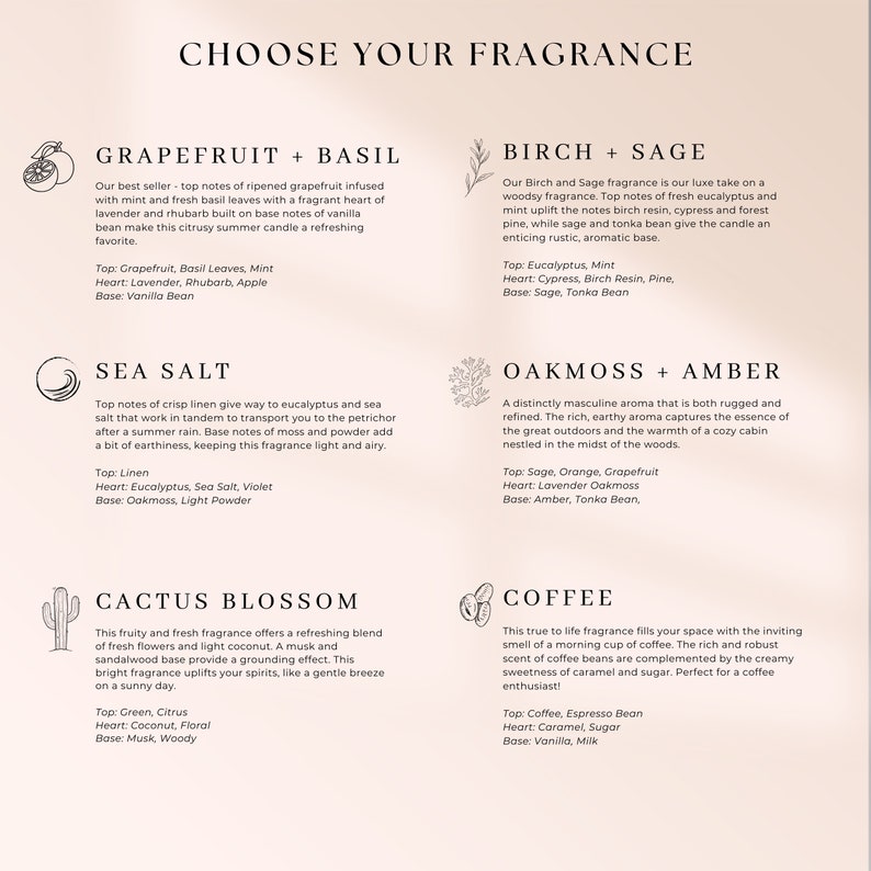 May include: A graphic with ten different candle scents, each with a name and a description of the fragrance notes. The scents are: Grapefruit + Basil, Birch + Sage, Sea Salt, Oakmoss + Amber, Cactus Blossom, Coffee.