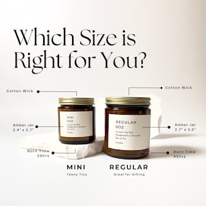 May include: Two amber glass candle jars with gold lids. The smaller jar is labeled "MINI 4OZ" and the larger jar is labeled "REGULAR 9OZ". Both jars have cotton wicks and are hand-poured in Tennessee.