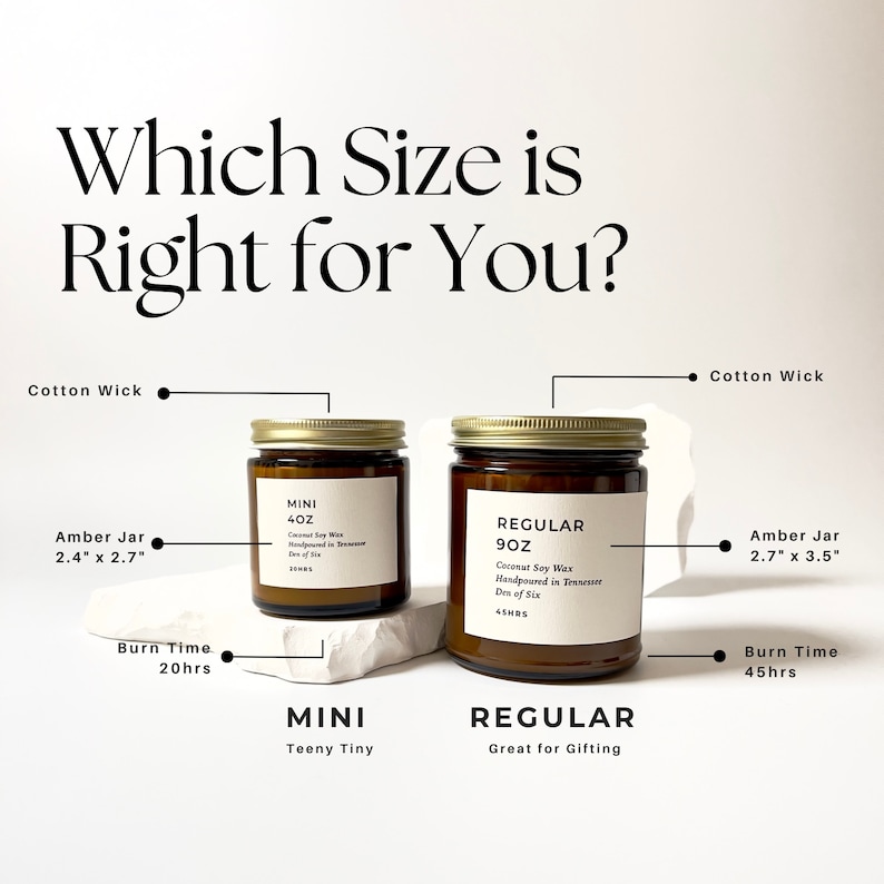 May include: Two amber glass candle jars with gold lids. The smaller jar is labeled "MINI 4OZ" and the larger jar is labeled "REGULAR 9OZ". Both jars have cotton wicks and are hand-poured in Tennessee.