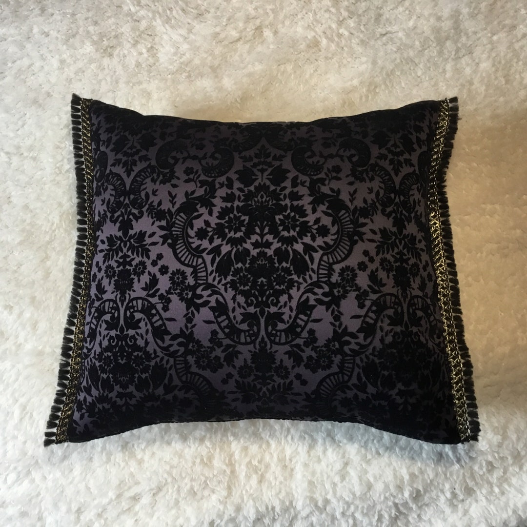 Black Velvet Damask Decorative Cushion - Victorian Goth Tasselled Black ...