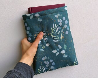 Buchtasche "Blätter und Blau", Buchhülle, Tablethülle, Book sleeve, mit oder ohne Druckknopf zum Verschließen - in 2 Größen verfügbar