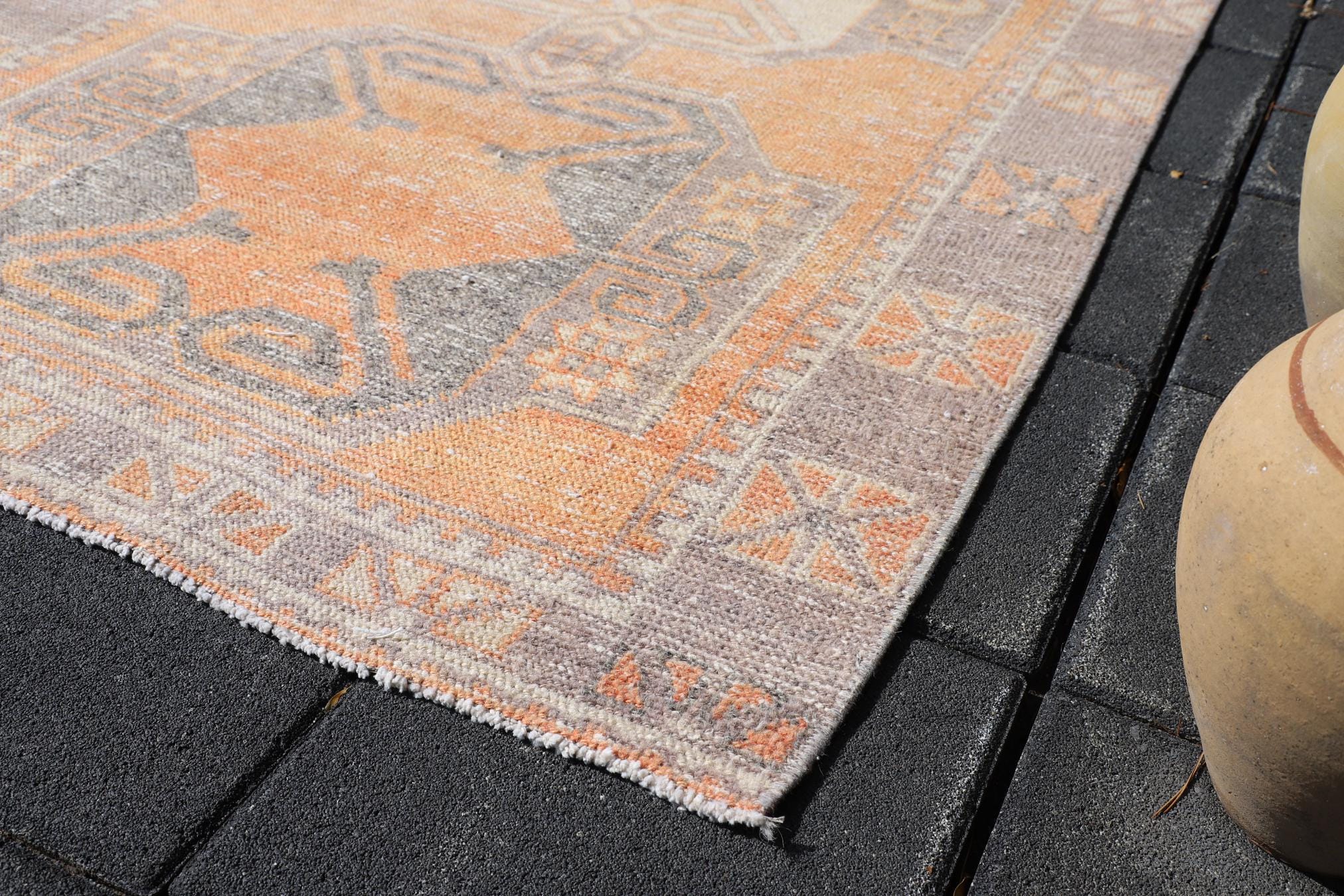 手織りトルコ製ランナーラグ：オレンジグレーヴィンテージ廊下用