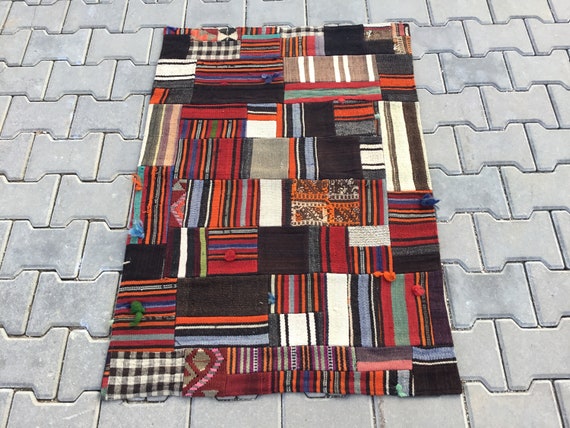 Hand-knotted Turkish Patchwork Rug: Colorful Vintage Anatolian Rug